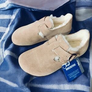 Birkenstock London Shearling Cream Suede Flats with Shearling Lining - Narrow